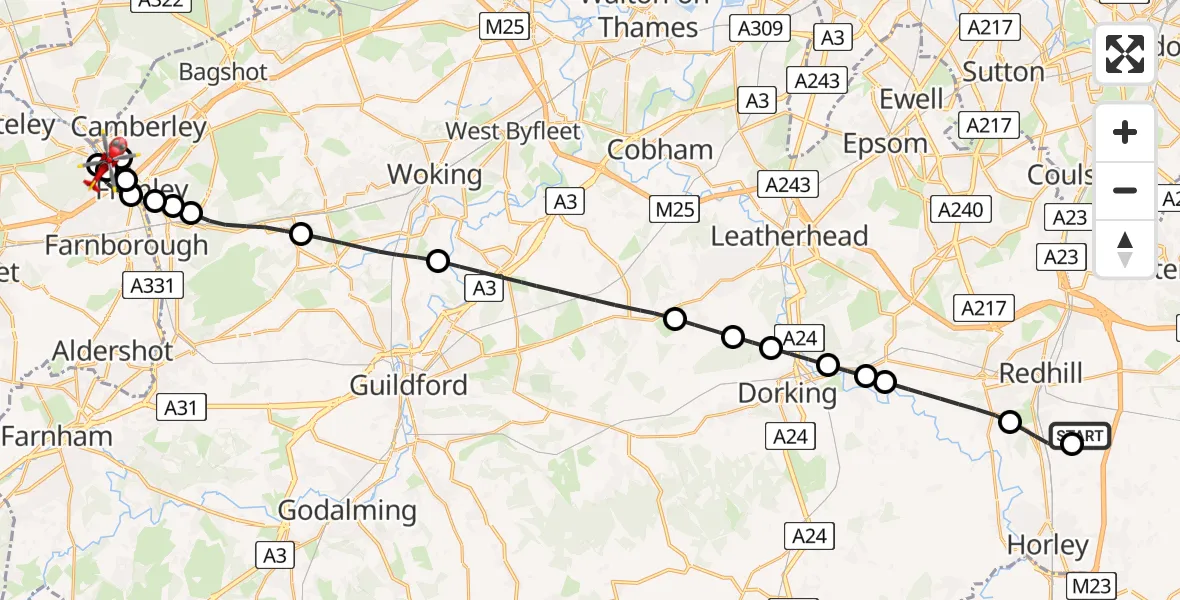 Flight route Air Ambulance Helicopter Redhill Aerodrome - Hawley, 08 June 2026, 19:27