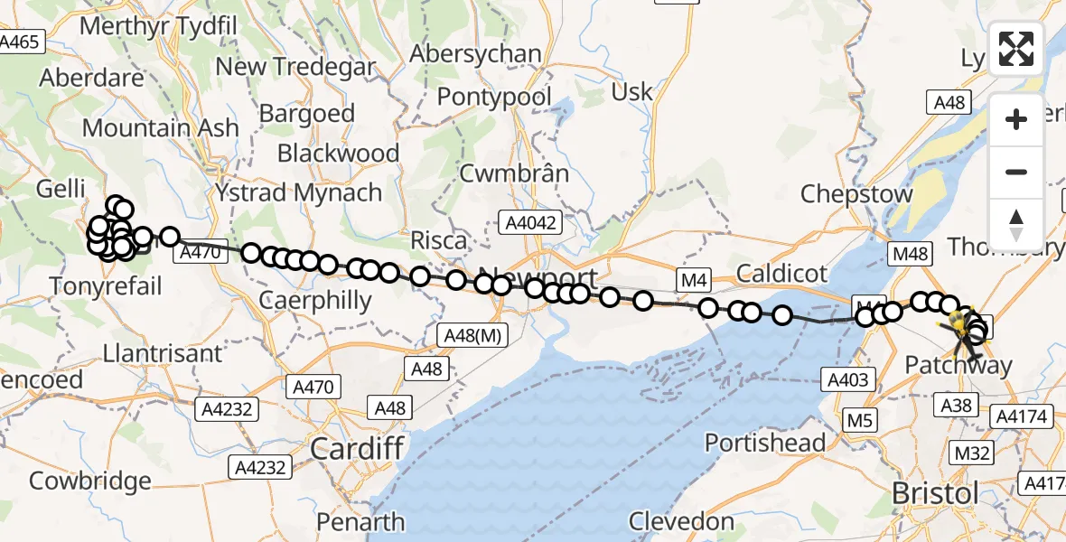 Flight route Police Helicopter Porth - Almondsbury Helicopter Base, 08 June 2026, 19:28