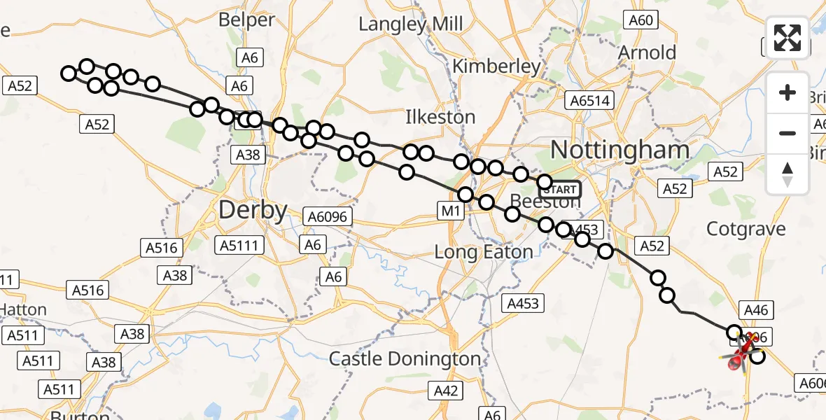 Flight route Air Ambulance Helicopter City of Nottingham - Rushcliffe, 08 June 2026, 19:31