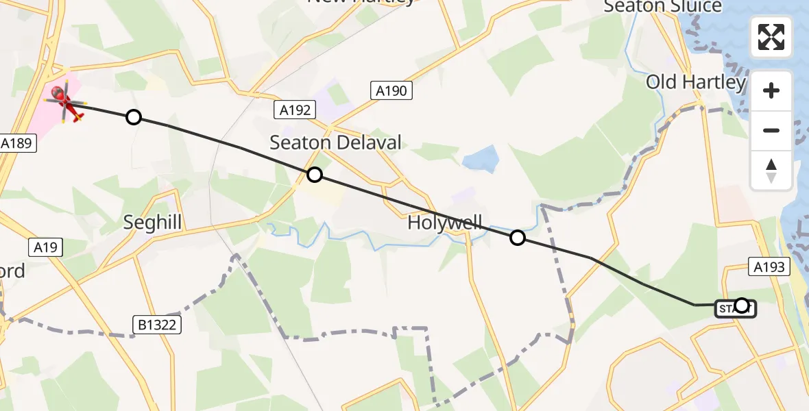 Flight route Air Ambulance Helicopter Whitley Bay - Cramlington, 08 June 2026, 19:42