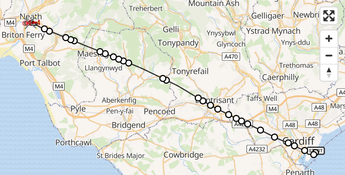 Flight route Air Ambulance Helicopter Cardiff Heliport - Neath, 08 June 2026, 19:43