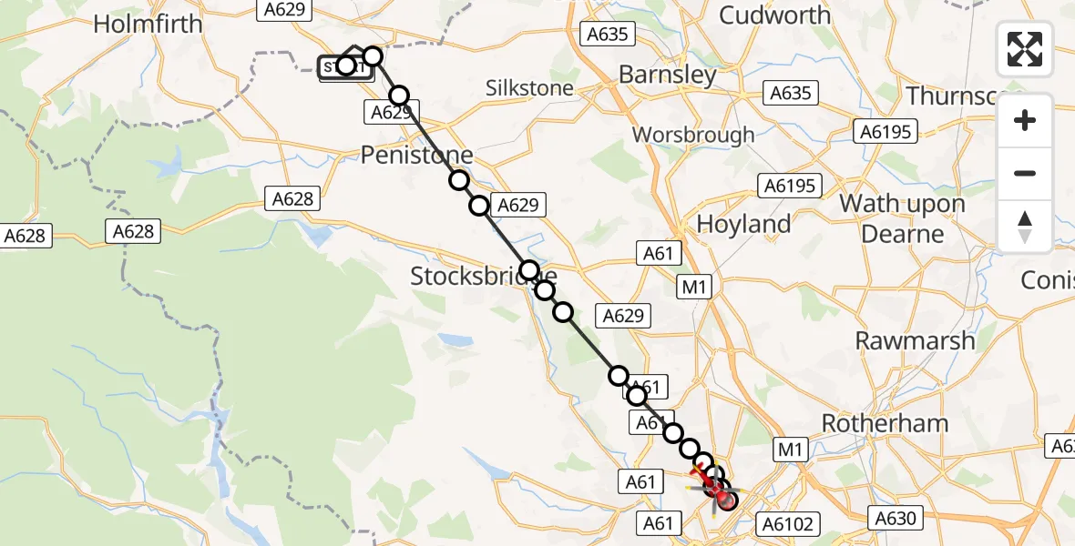 Flight route Air Ambulance Helicopter Denby Dale - Sheffield Northern Hospital, 08 June 2026, 19:59