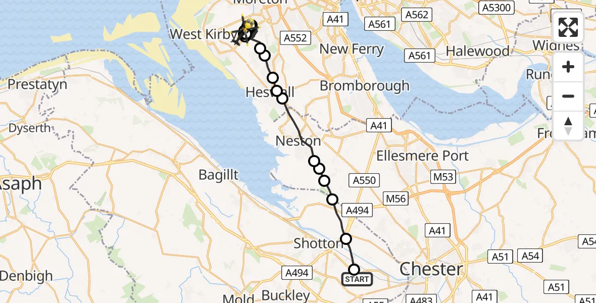 Flight route Police Helicopter Hawarden Airport - Frankby, 08 June 2026, 20:01
