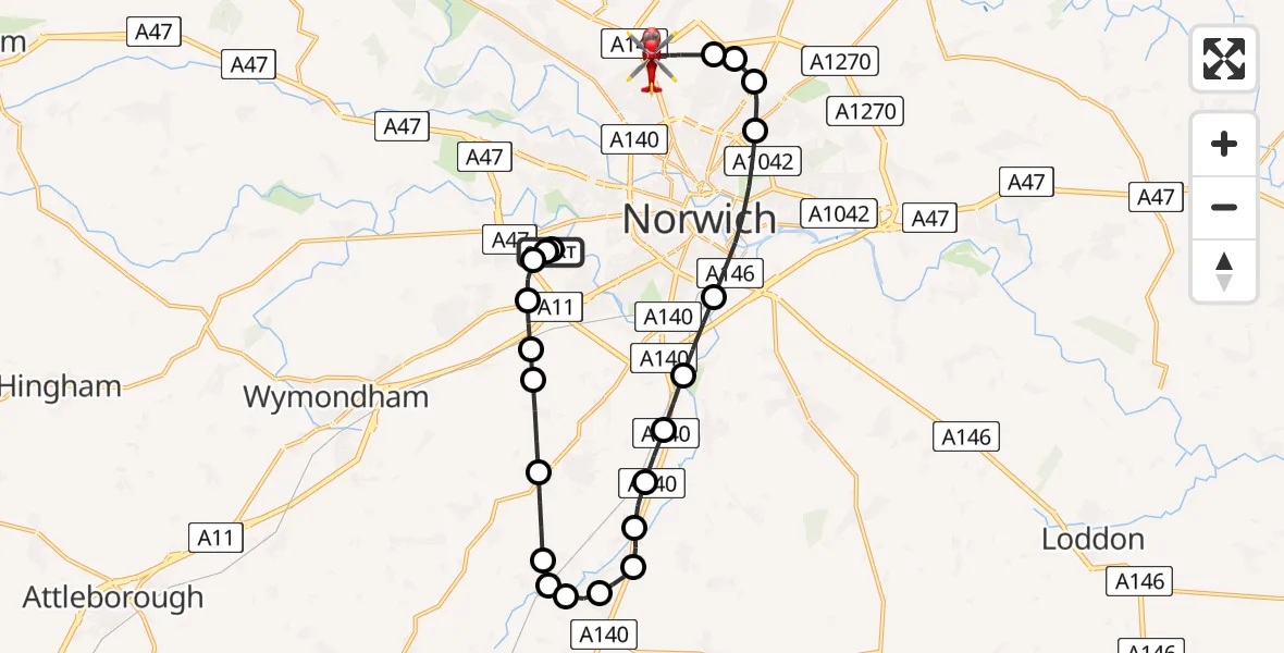 Flight route Air Ambulance Helicopter Norfolk & Norwich Hospital - Norwich Airport, 08 June 2026, 20:02