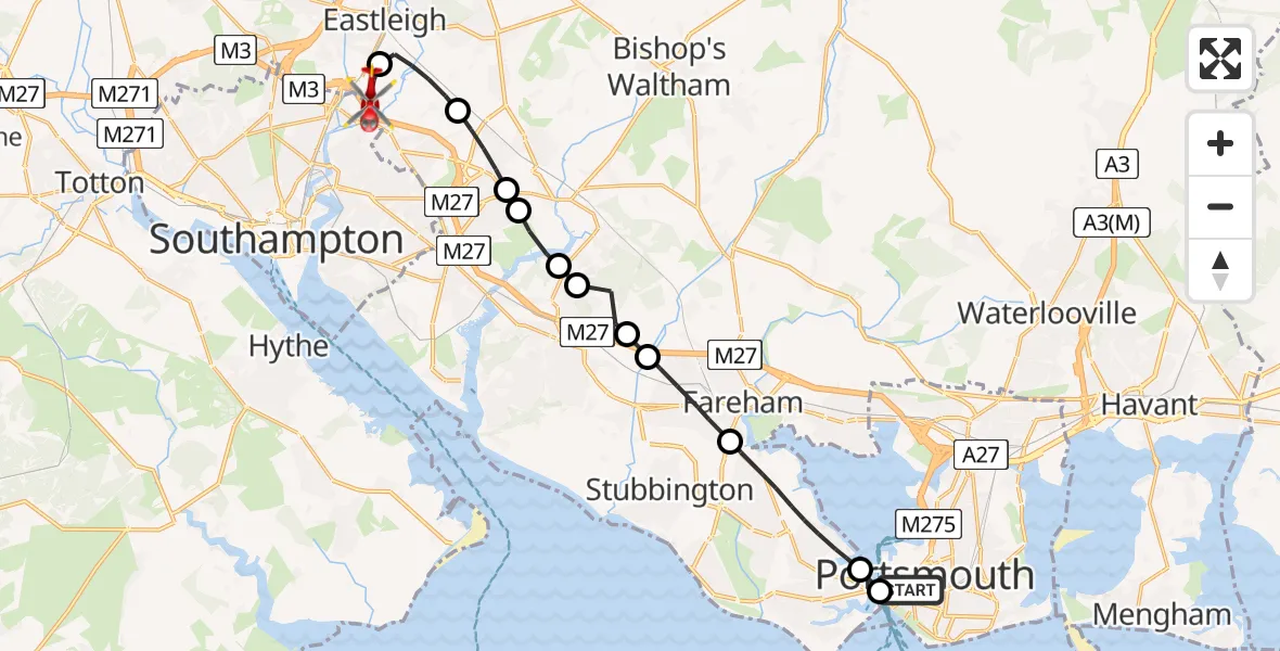 Flight route Air Ambulance Helicopter Old Portsmouth - Southampton Airport, 08 June 2026, 20:04