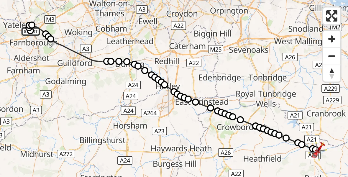 Flight route Air Ambulance Helicopter Camberley - Salehurst, 08 June 2026, 20:15