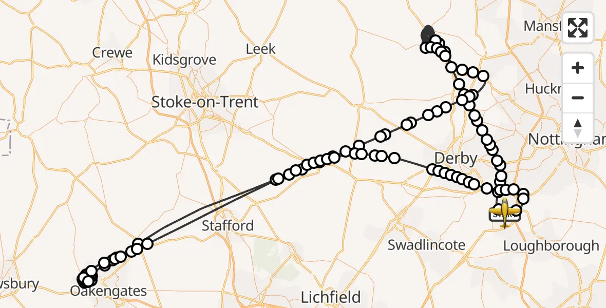 Flight route Police Aircraft East Midlands Airport - East Midlands Airport, 08 June 2026, 20:23