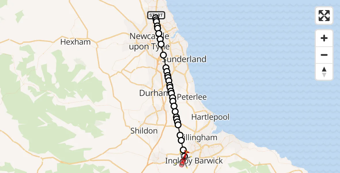 Flight route Air Ambulance Helicopter Cramlington - Egglescliffe, 08 June 2026, 20:24