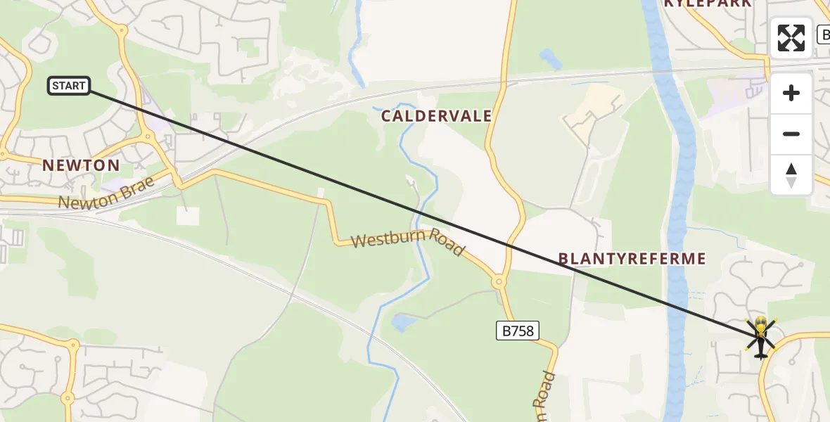 Flight route Police Helicopter Cambuslang - Uddingston, 08 June 2026, 20:30
