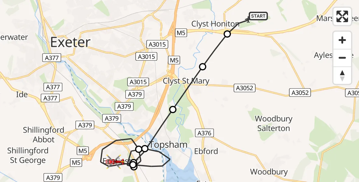 Flight route Air Ambulance Helicopter Exeter International Airport - Exminster, 08 June 2026, 21:09