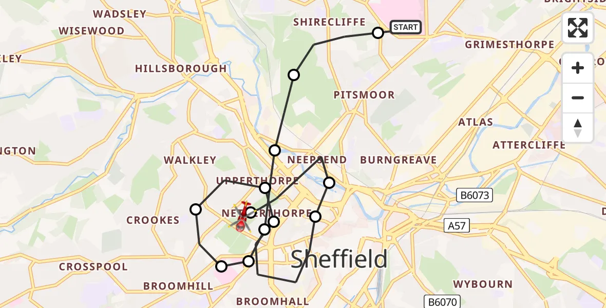 Flight route Air Ambulance Helicopter Sheffield Northern Hospital - Netherthorpe, 08 June 2026, 21:13