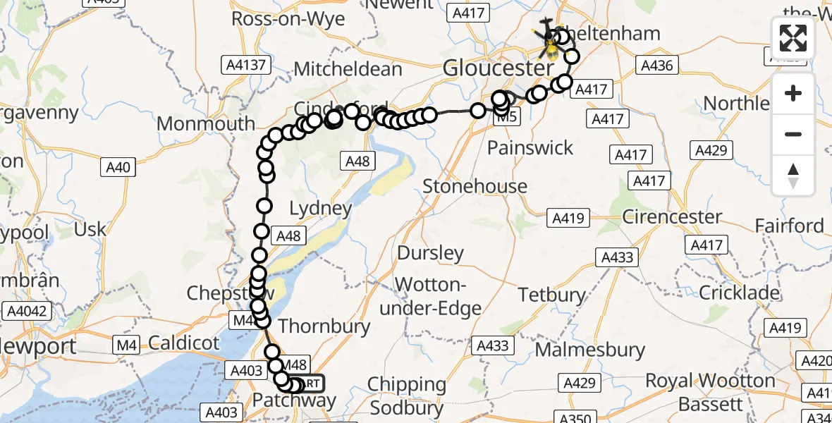 Flight route Police Helicopter Almondsbury Helicopter Base - Gloucestershire Airport, 08 June 2026, 21:14