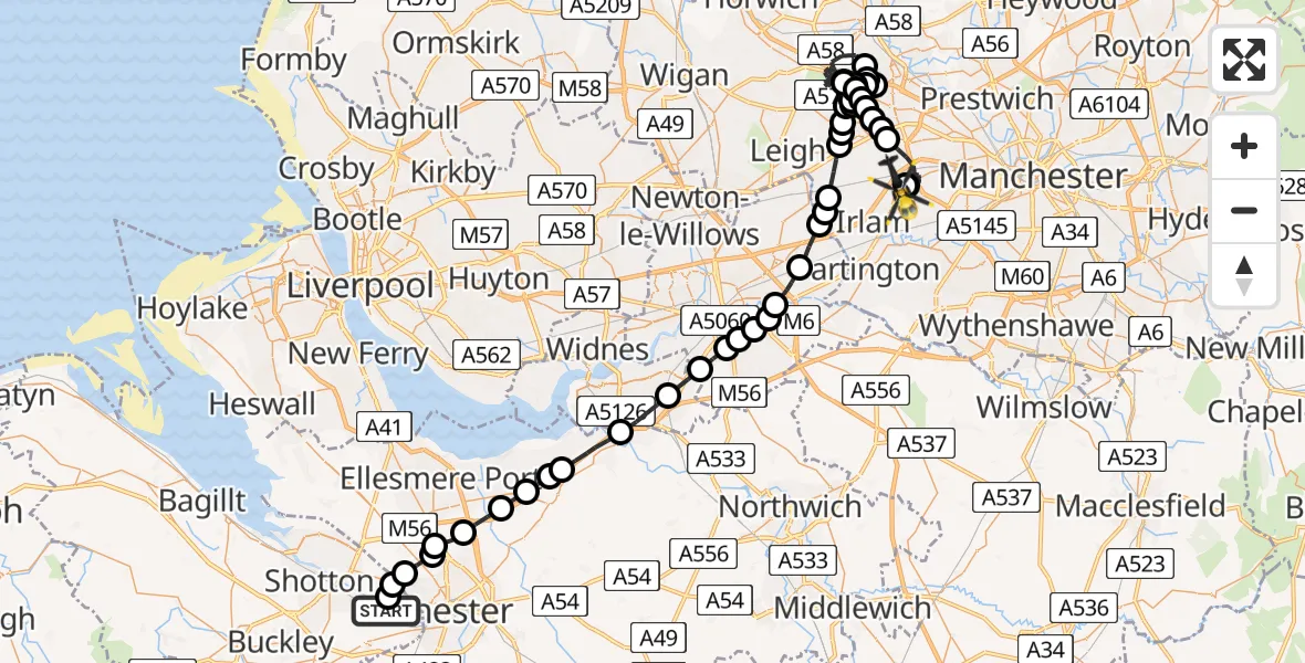 Flight route Police Helicopter Saltney Ferry - Manchester Barton Aerodrome, 08 June 2026, 21:16