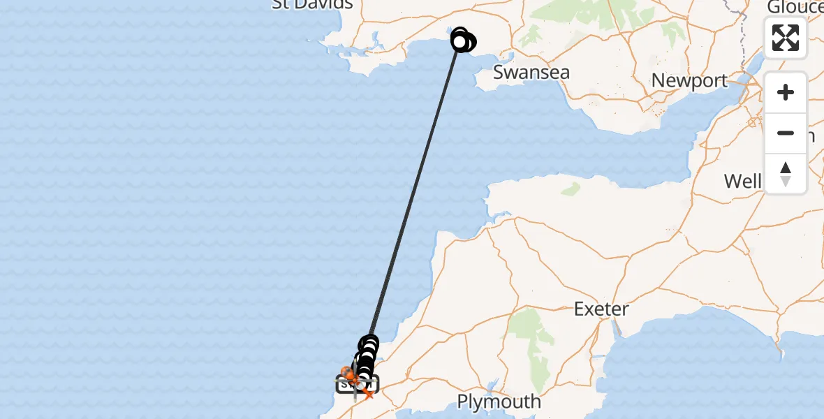 Flight route Coastguard Helicopter Cornwall Airport Newquay - Cornwall Airport Newquay, 08 June 2026, 21:20