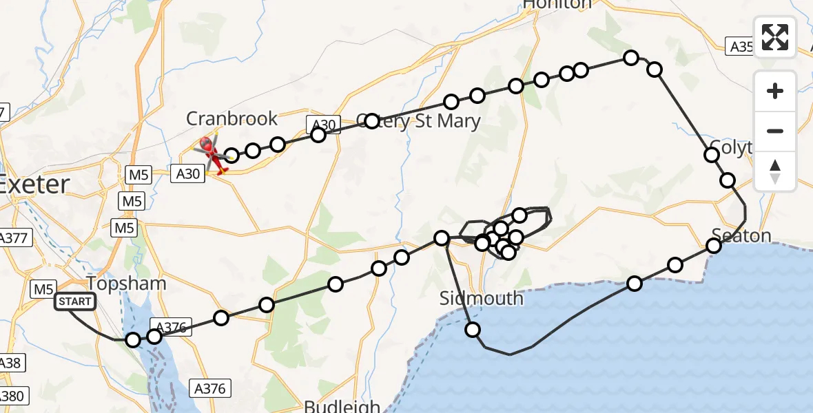 Flight route Air Ambulance Helicopter Exminster - Exeter International Airport, 08 June 2026, 21:21
