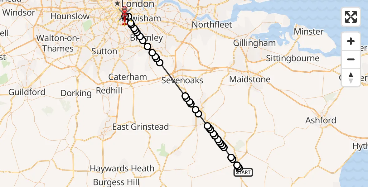 Flight route Air Ambulance Helicopter Salehurst - Kings College London Hospital, 08 June 2026, 21:27