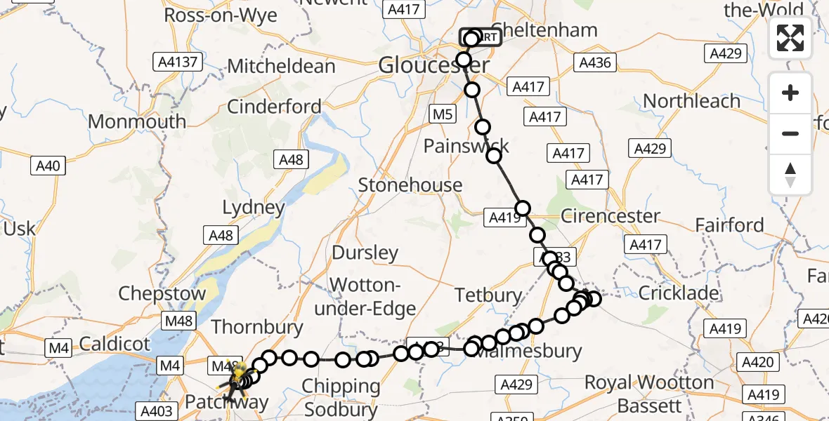 Flight route Police Helicopter Gloucestershire Airport - Almondsbury Helicopter Base, 08 June 2026, 22:00