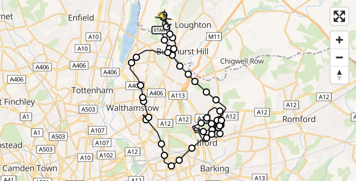 Flight route Police Helicopter Sewardstonebury - Sewardstonebury, 08 June 2026, 22:01