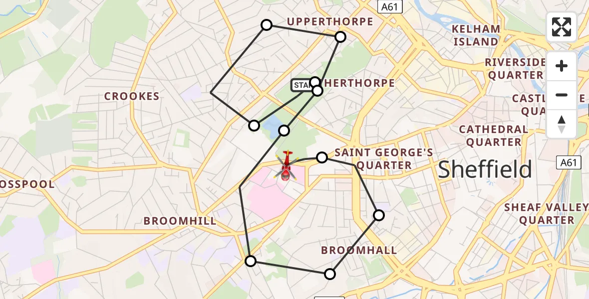 Flight route Air Ambulance Helicopter Upperthorpe - Sheffield Childrens Hospital, 08 June 2026, 22:19