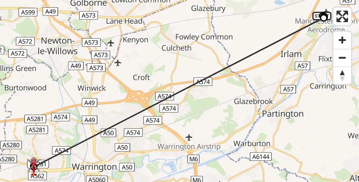 Flight route Air Ambulance Helicopter Manchester Barton Aerodrome - Great Sankey, 08 June 2026, 22:22