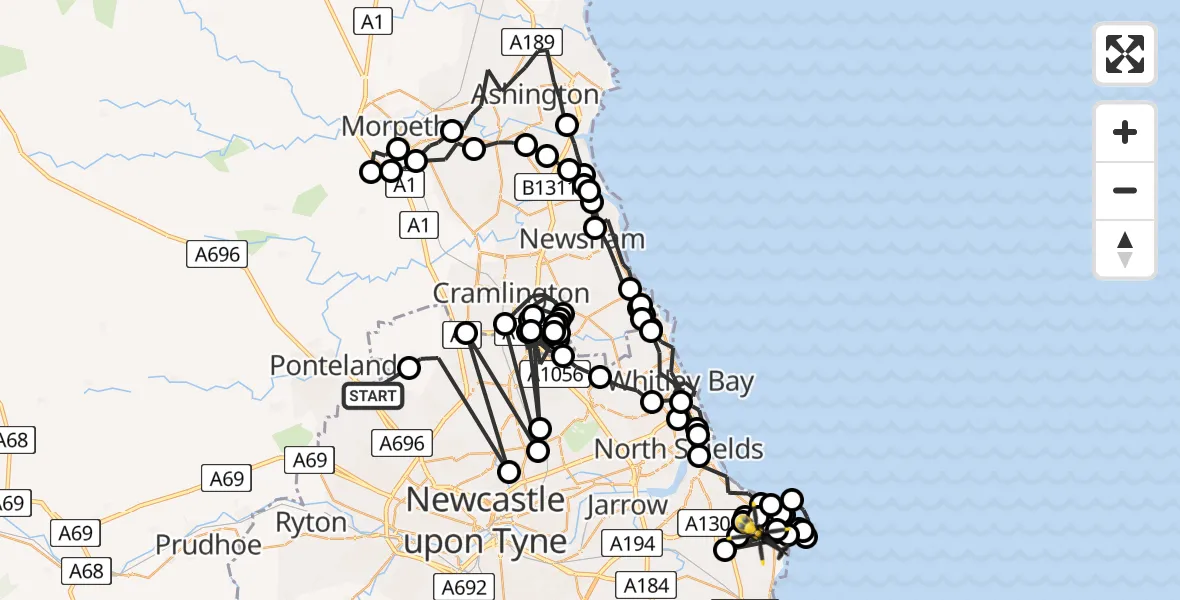 Flight route Police Helicopter Newcastle International Airport - Whitburn, 08 June 2026, 22:27