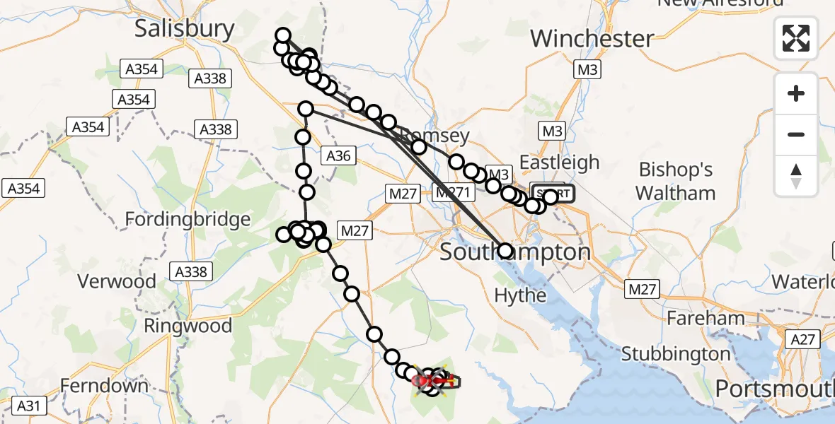 Flight route Air Ambulance Helicopter Southampton Airport - RAF Beaulieu, 08 June 2026, 22:31