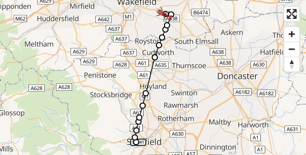 Flight route Air Ambulance Helicopter Sheffield Childrens Hospital - YAA Nostell Helicopter Port, 08 June 2026, 22:33