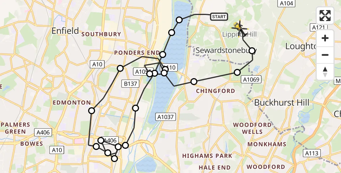 Flight route Police Helicopter Sewardstonebury - Metropolitan Police Air Support Unit Lippitts Hill, 08 June 2026, 23:00