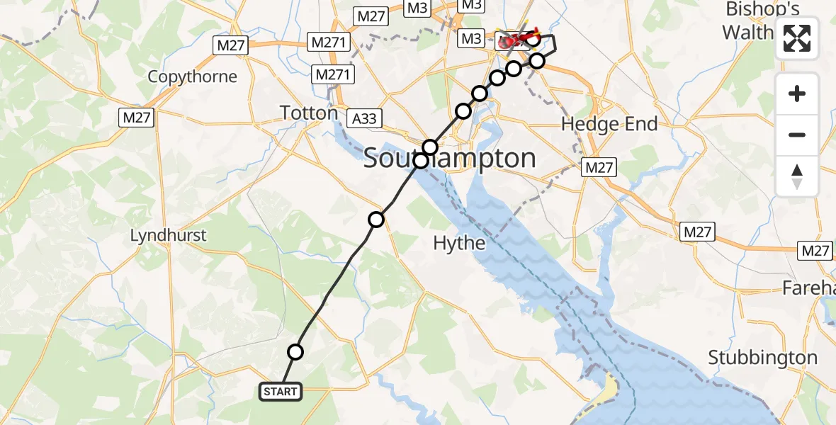 Flight route Air Ambulance Helicopter East Boldre - Eastleigh, 08 June 2026, 23:12