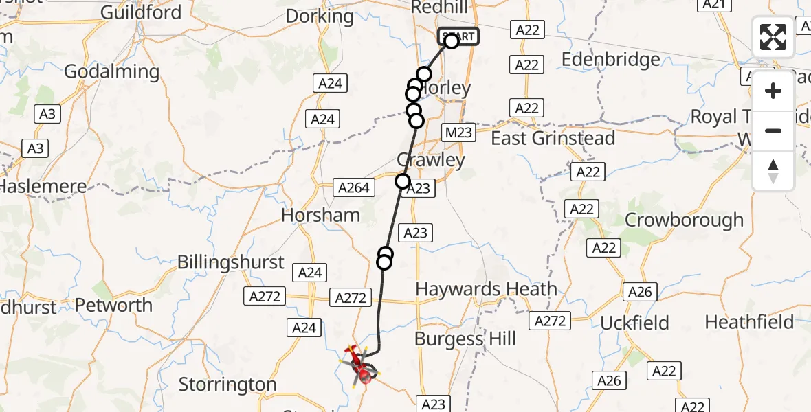 Flight route Air Ambulance Helicopter Redhill Aerodrome - Horsham, 08 June 2026, 23:14