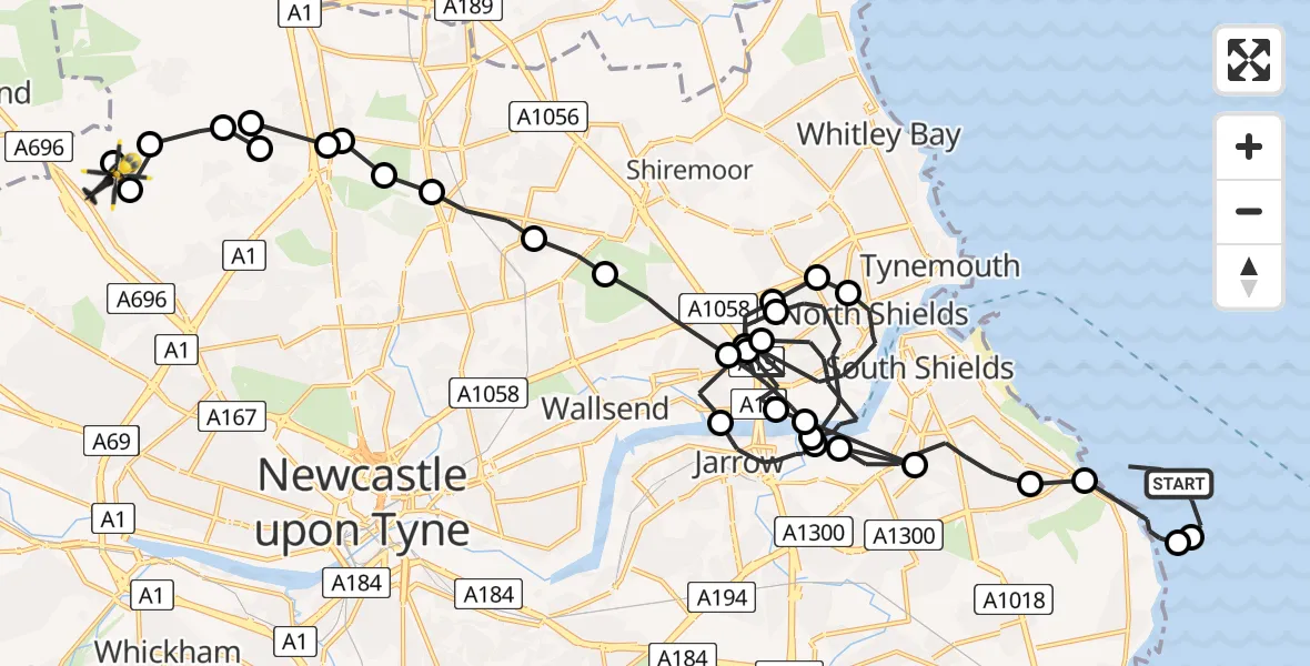 Flight route Police Helicopter North Sea - Newcastle International Airport, 08 June 2026, 23:25