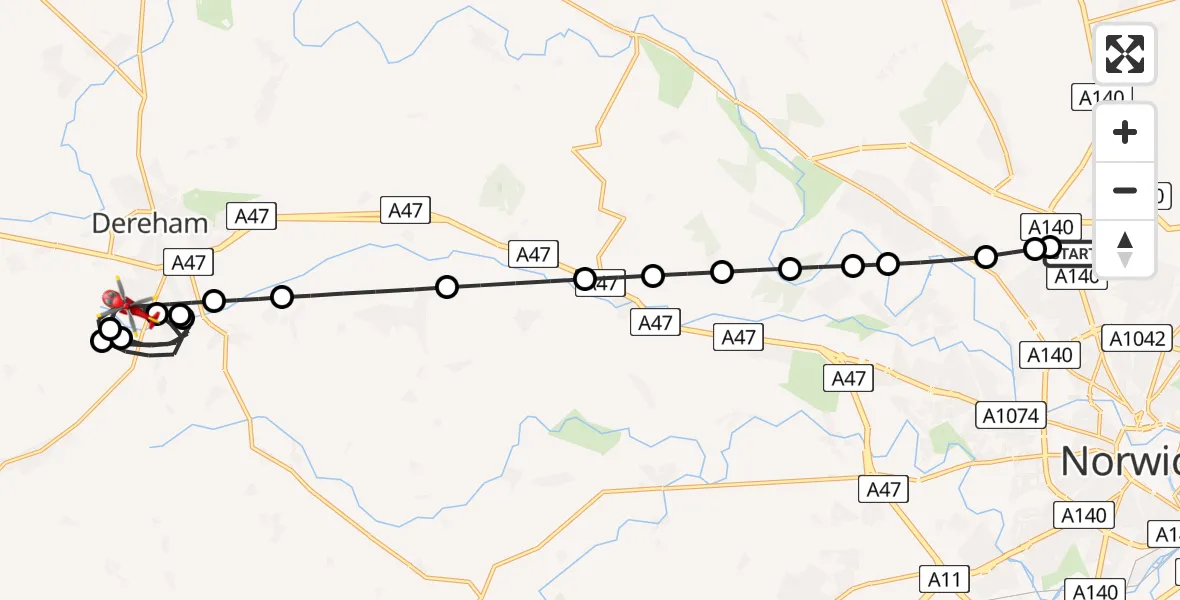 Flight route Air Ambulance Helicopter Norwich Airport - Dereham, 08 June 2026, 23:38