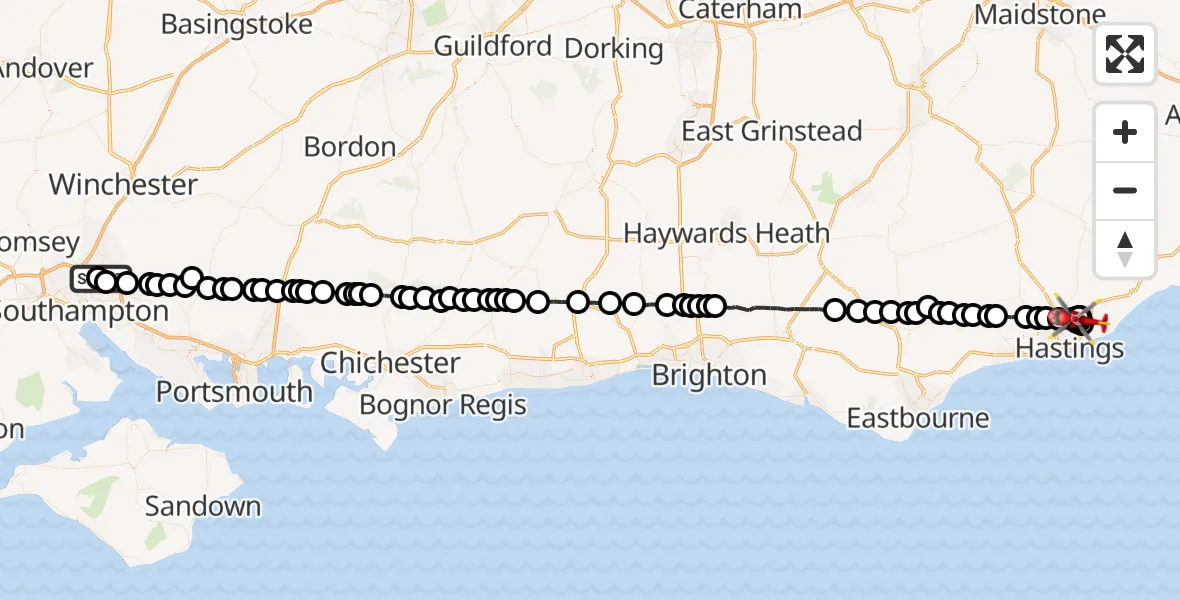 Flight route Air Ambulance Helicopter Southampton Airport - Three Oaks, 08 June 2026, 23:49