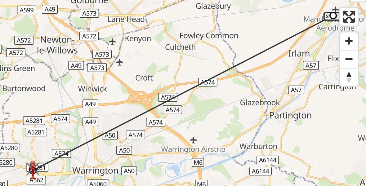 Flight route Air Ambulance Helicopter Manchester Barton Aerodrome - Great Sankey, 09 June 2026, 00:20