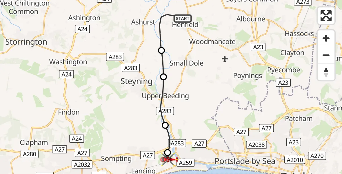 Flight route Air Ambulance Helicopter Horsham - Brighton City Airport, 09 June 2026, 00:21