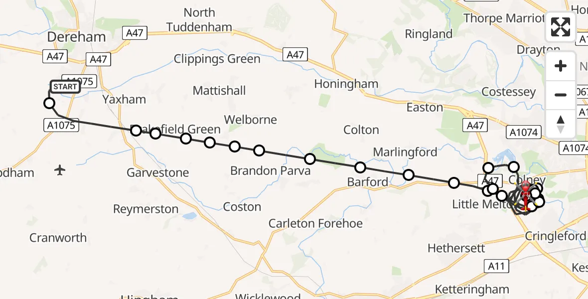 Flight route Air Ambulance Helicopter Dereham - Norfolk & Norwich Hospital, 09 June 2026, 00:26