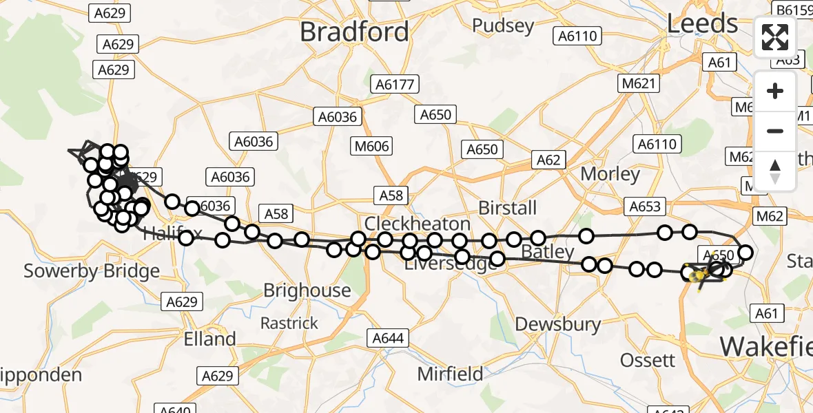 Flight route Police Helicopter East Ardsley - East Ardsley, 09 June 2026, 00:41