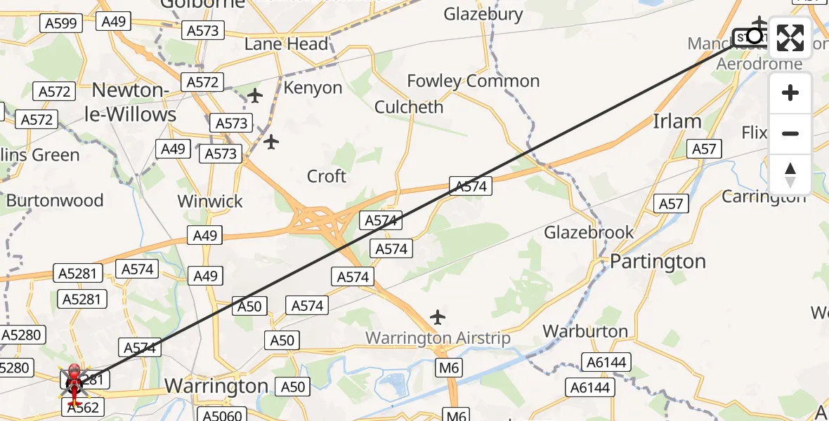 Flight route Air Ambulance Helicopter Manchester Barton Aerodrome - Great Sankey, 09 June 2026, 01:13