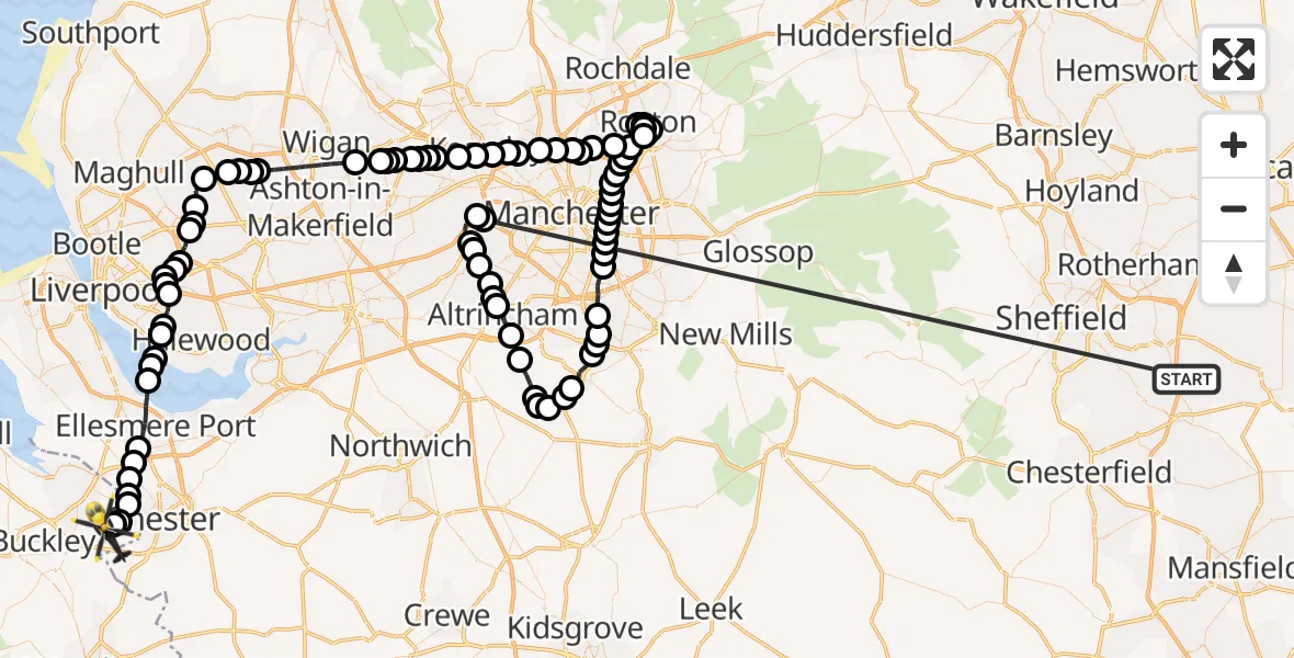 Flight route Police Helicopter Rotherham - Hawarden Airport, 09 June 2026, 01:14