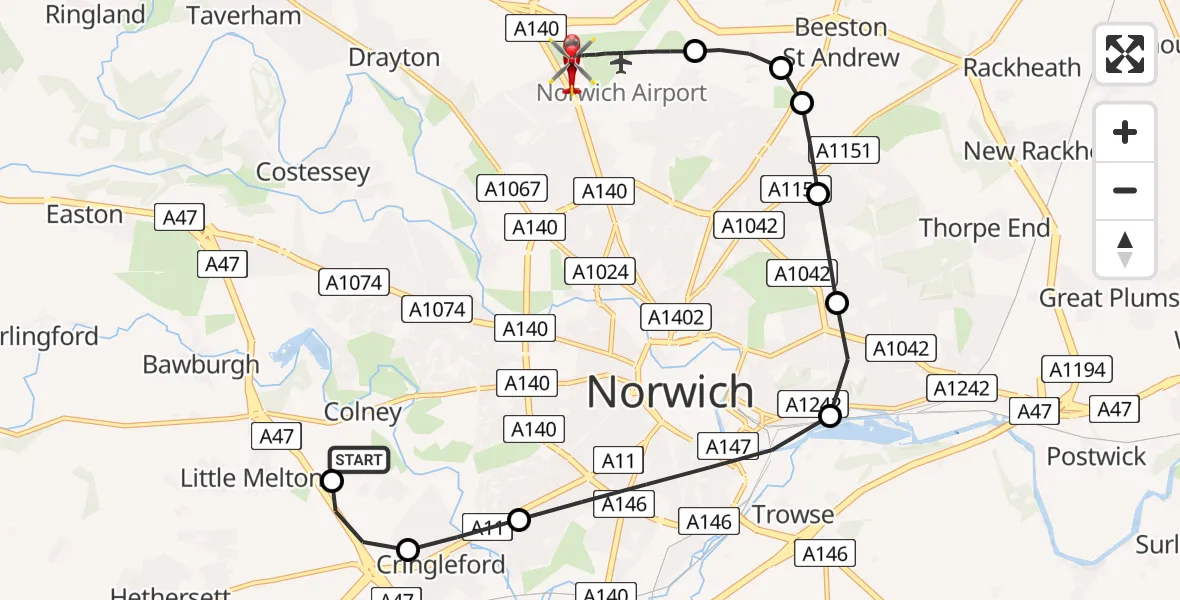 Flight route Air Ambulance Helicopter Norfolk & Norwich Hospital - Norwich Airport, 09 June 2026, 01:15