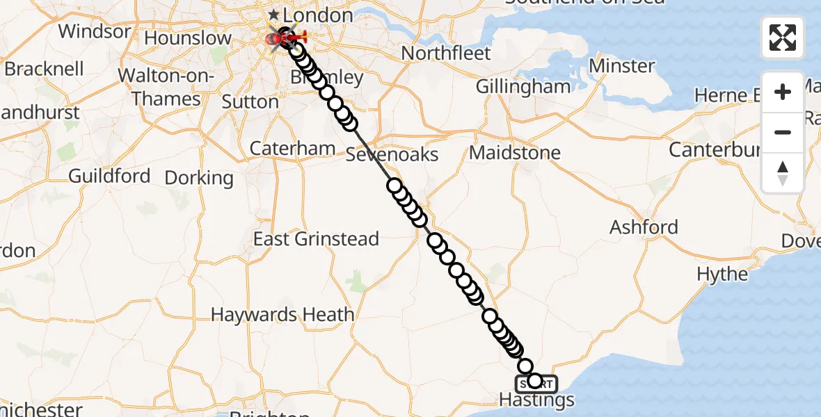 Flight route Air Ambulance Helicopter Hastings - Kings College London Hospital, 09 June 2026, 01:41