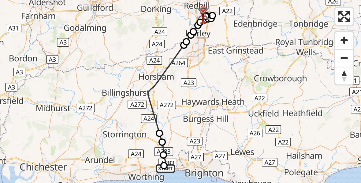 Flight route Air Ambulance Helicopter Brighton City Airport - Redhill Aerodrome, 09 June 2026, 02:08