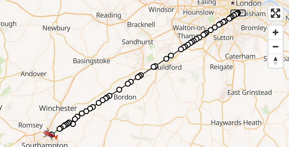 Flight route Air Ambulance Helicopter Kings College London Hospital - Eastleigh, 09 June 2026, 02:33