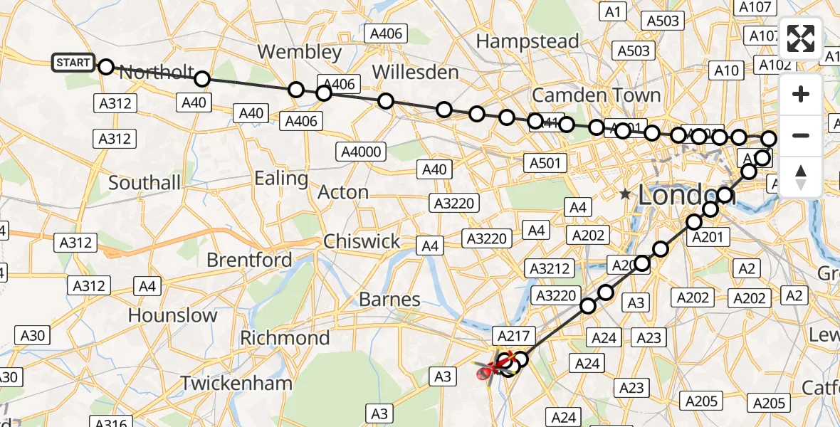 Flight route Air Ambulance Helicopter RAF Northolt - Earlsfield, 09 June 2026, 07:12