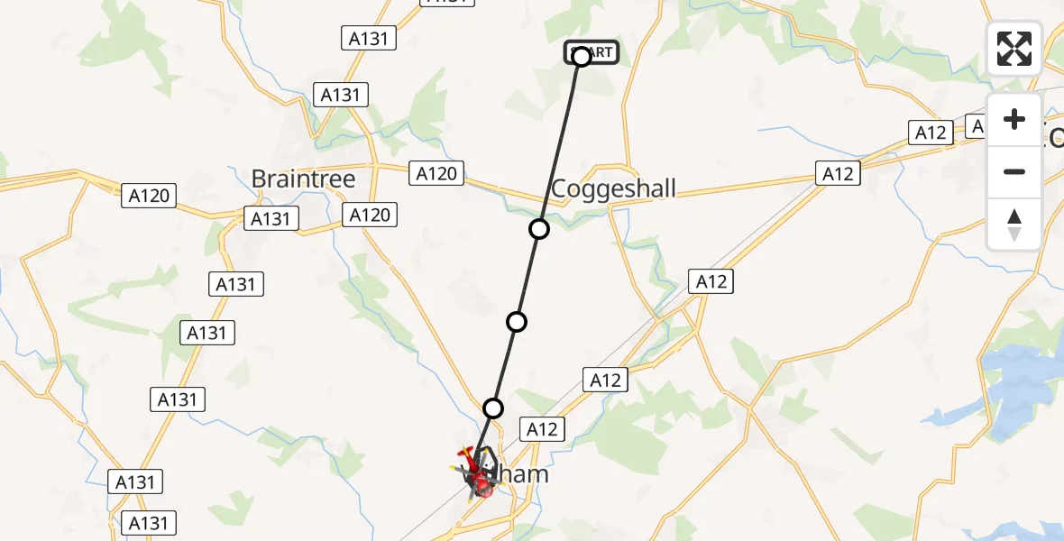 Flight route Air Ambulance Helicopter Earls Colne Airfield - Witham, 09 June 2026, 07:13