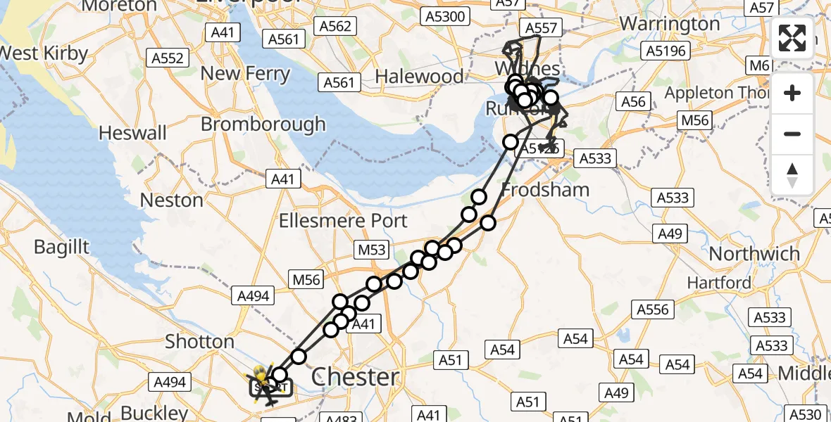 Flight route Police Helicopter Hawarden Airport - Hawarden Airport, 09 June 2026, 07:28