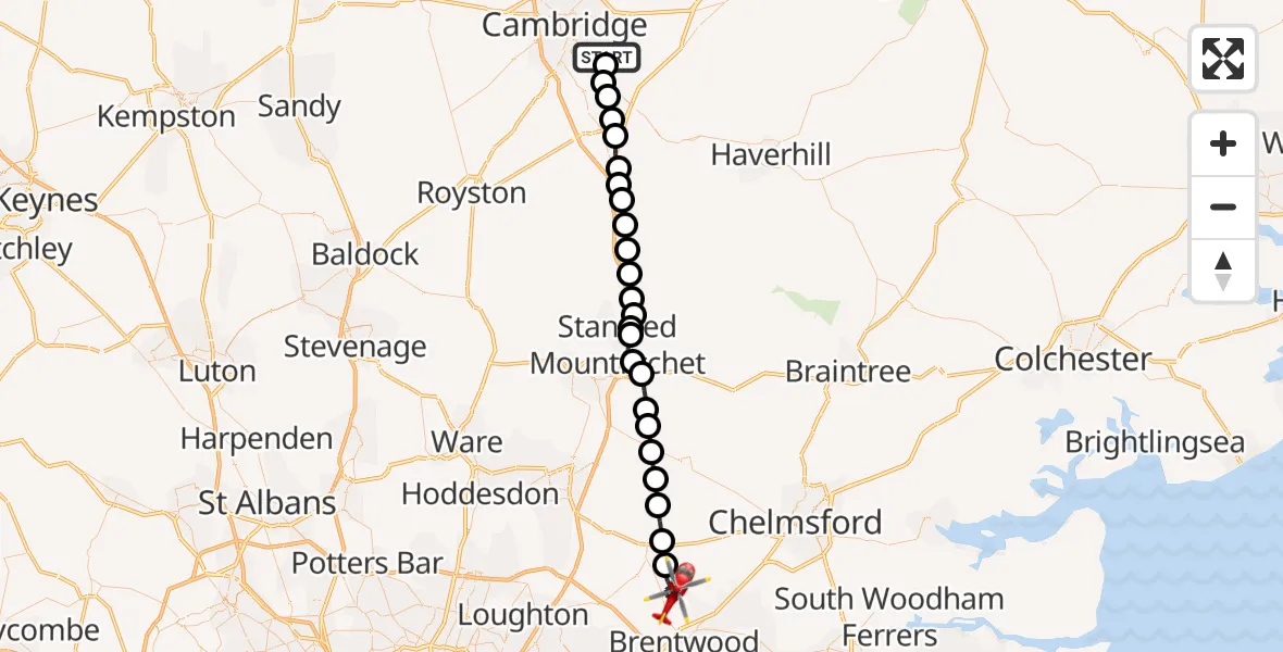 Flight route Air Ambulance Helicopter Cambridge - Brentwood, 09 June 2026, 07:41