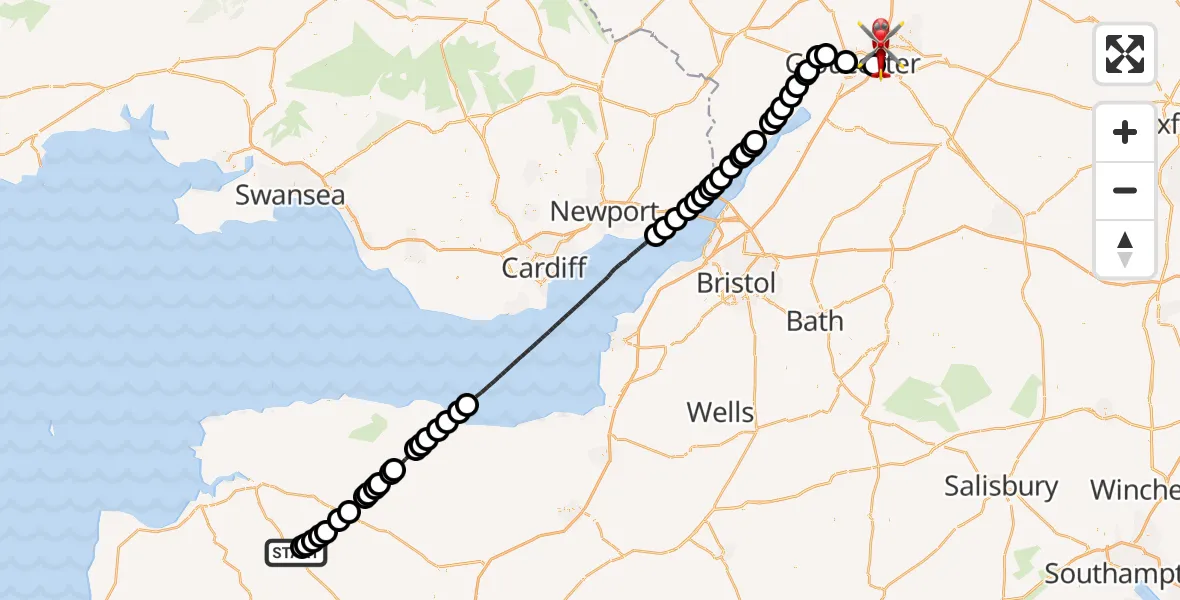 Flight route Air Ambulance Helicopter Burrington - Tewkesbury, 09 June 2026, 07:47