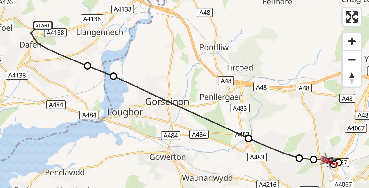 Flight route Air Ambulance Helicopter Dafen - Tre-boeth, 09 June 2026, 08:02