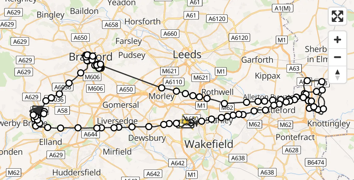 Flight route Police Helicopter East Ardsley - East Ardsley, 09 June 2026, 08:07